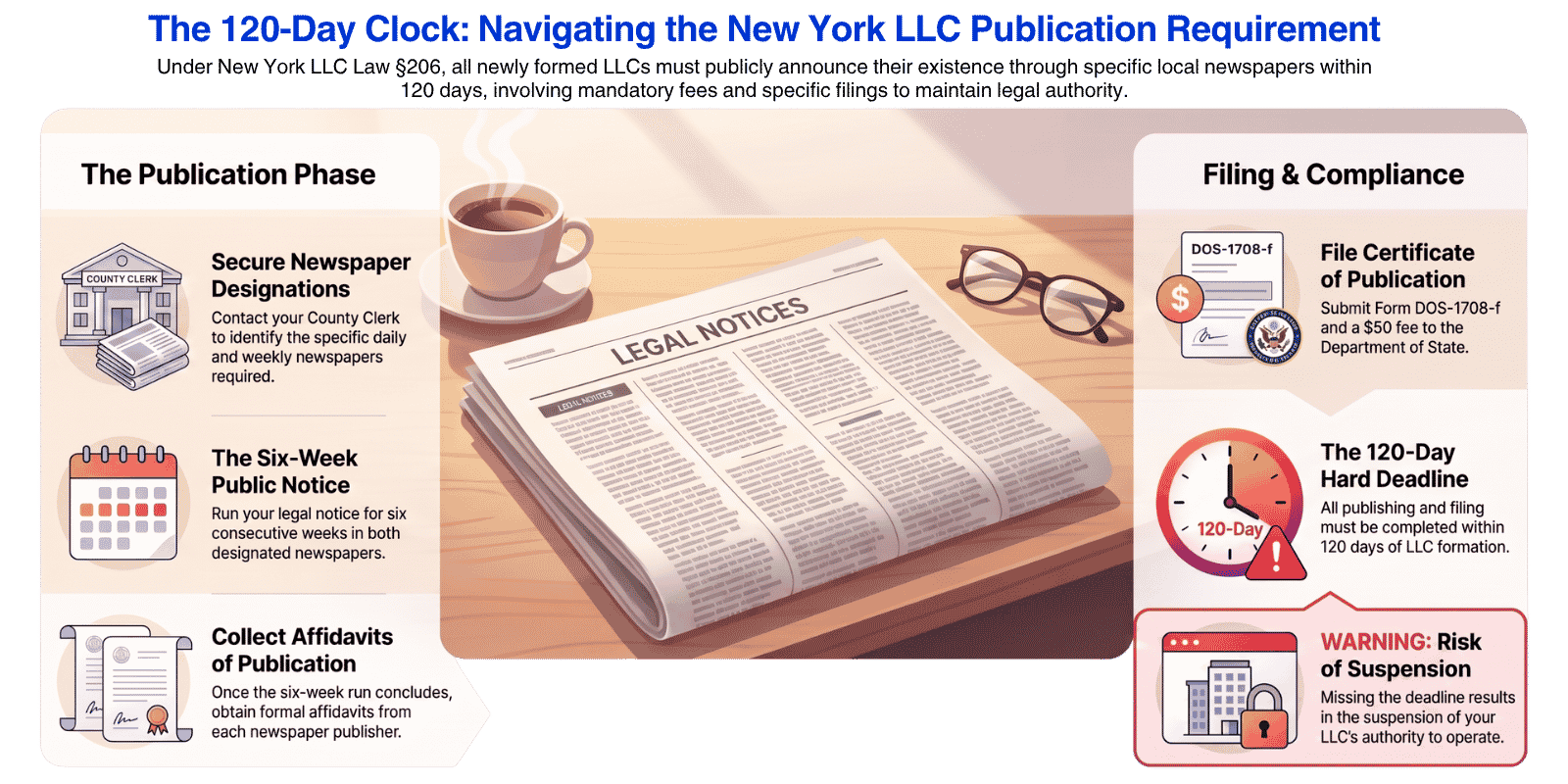 New York LLC formation notice published in two local newspapers for the publication requirement