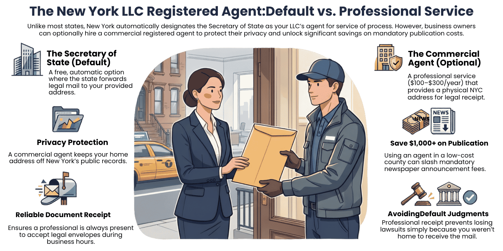 New York LLC registered agent receiving legal documents at a New York street address