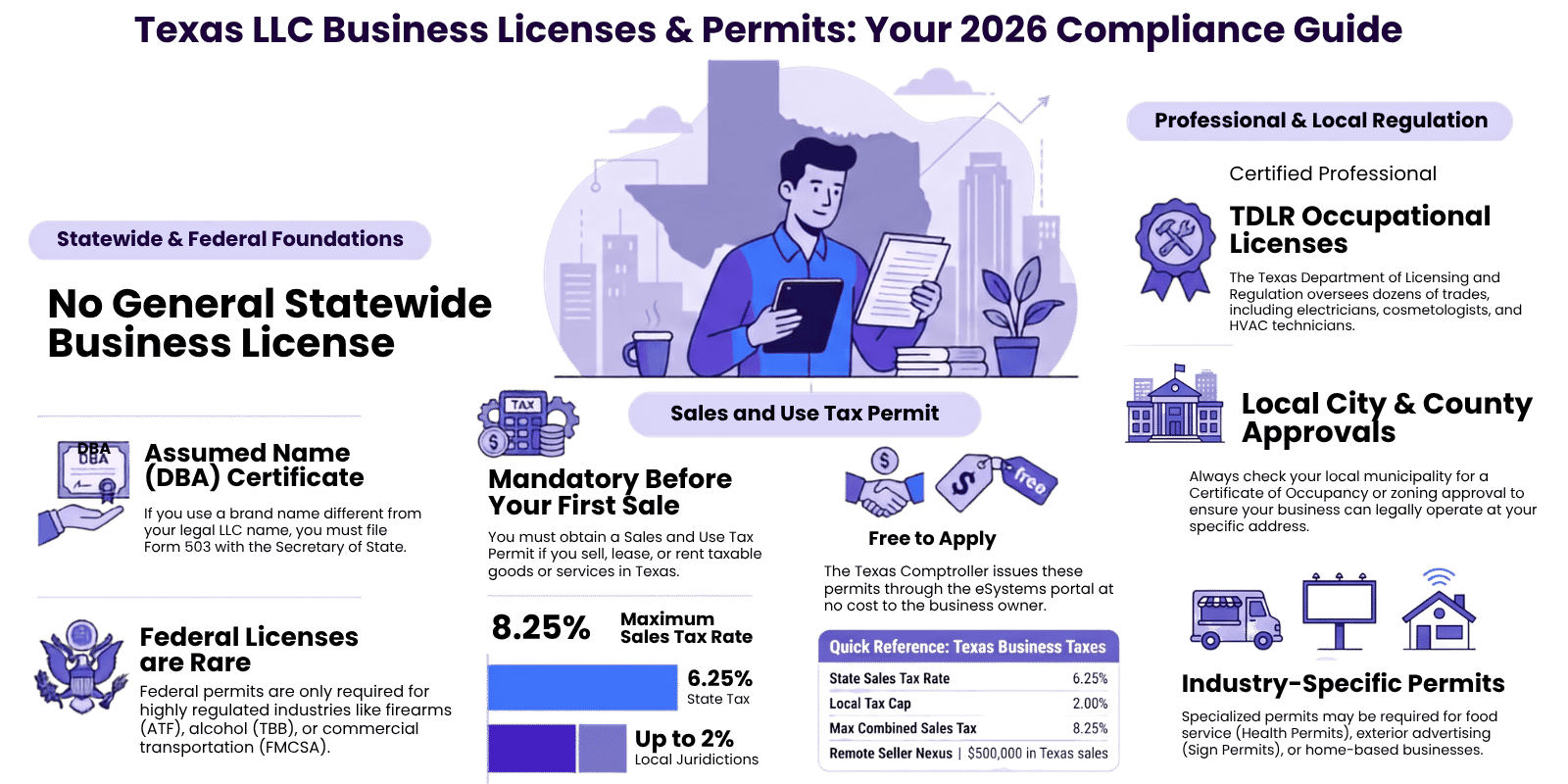 Texas small business owner reviewing required state and local licenses and permits