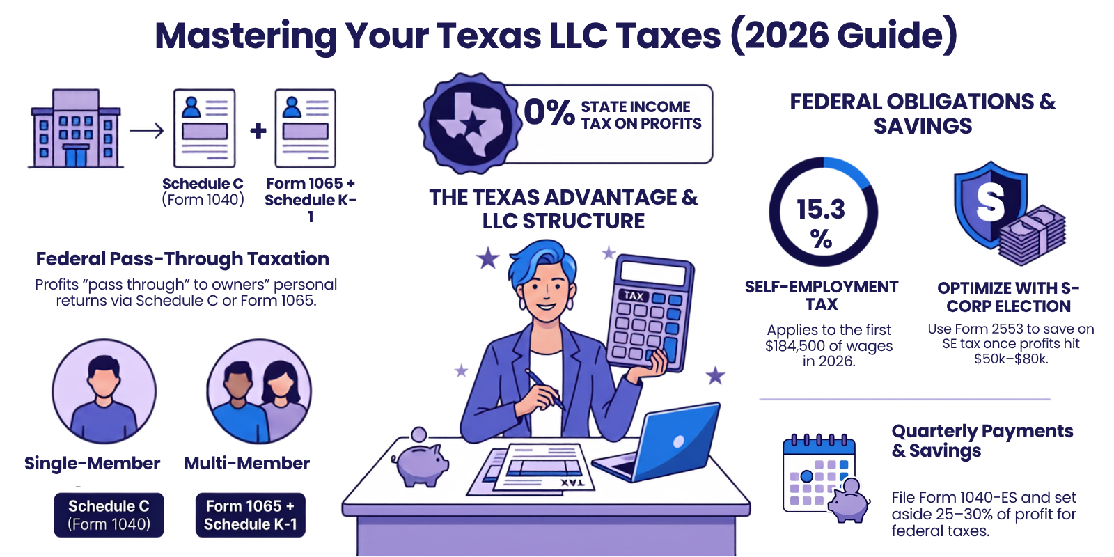Texas LLC owner calculating federal and self-employment taxes with no state income tax