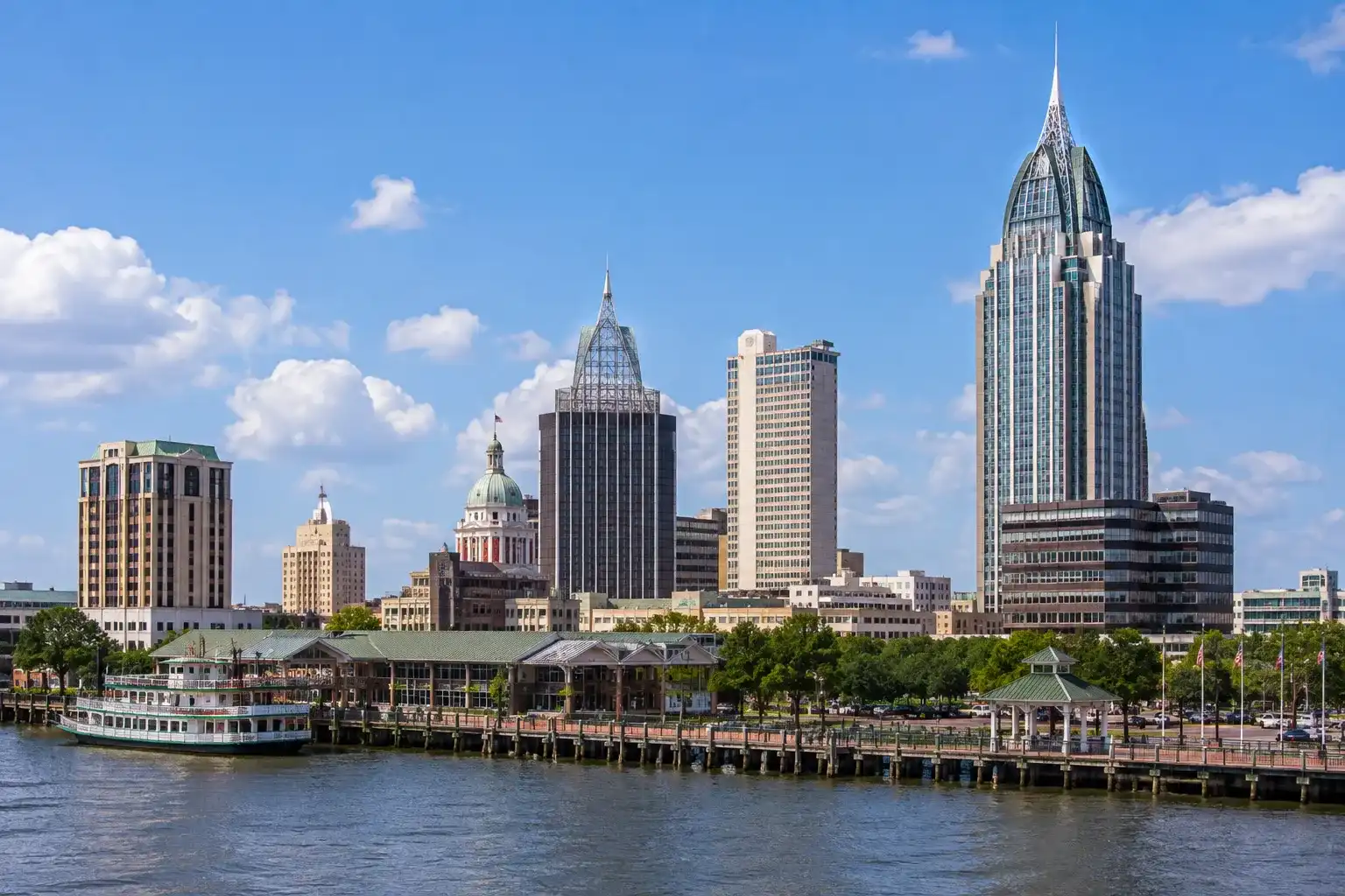 Downtown Mobile skyline and Mobile River waterfront in Alabama