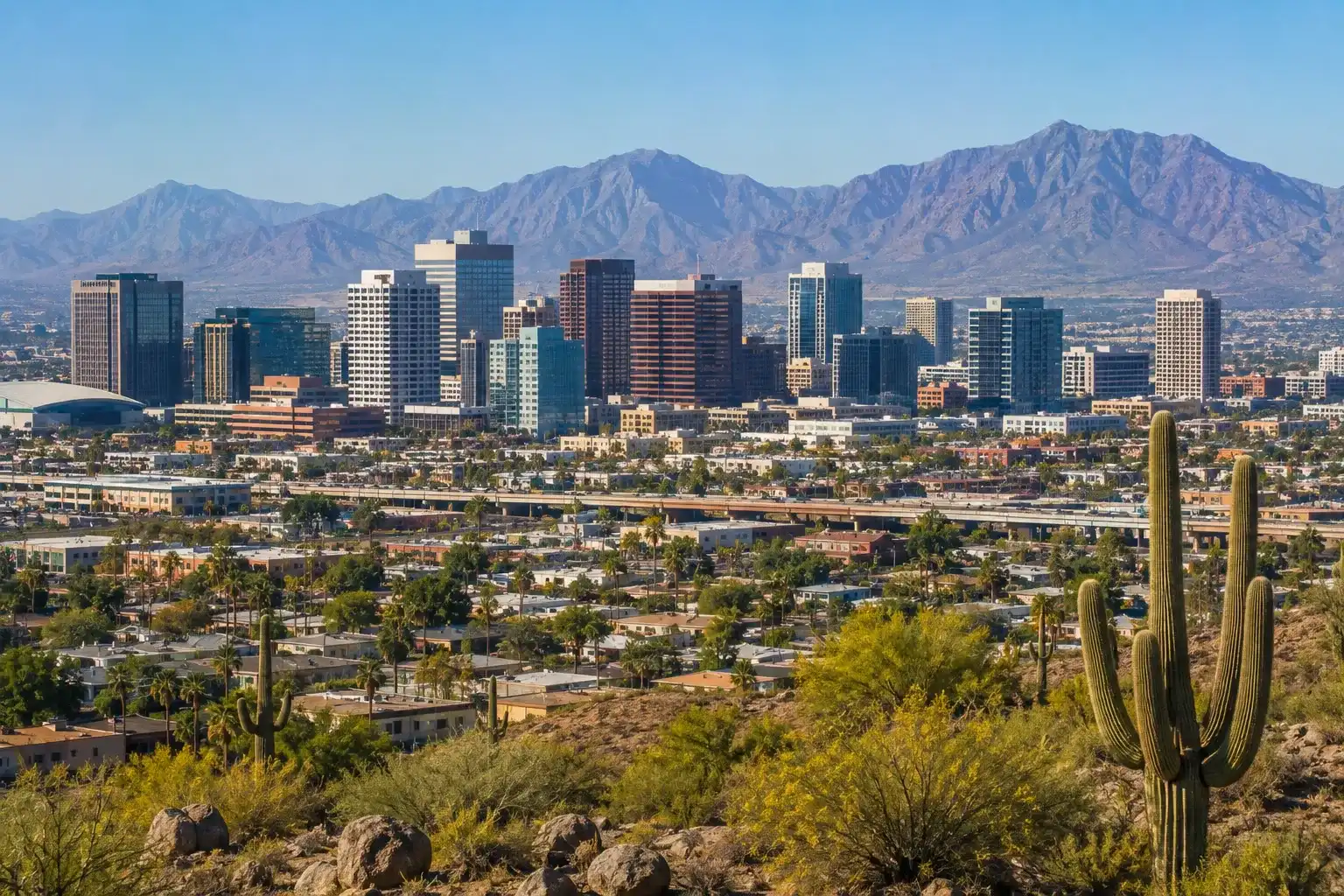 Downtown Phoenix skyline and surrounding mountains in Arizona