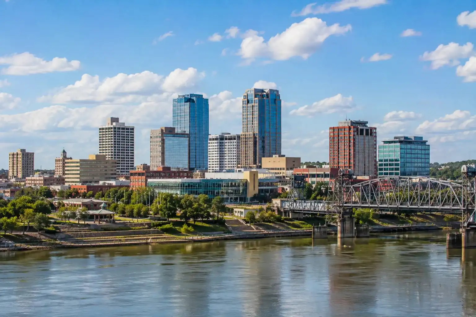 Downtown Little Rock skyline and Arkansas River in Arkansas