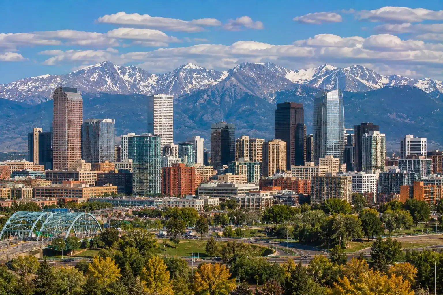 Downtown Denver skyline with the Rocky Mountain Front Range in Colorado