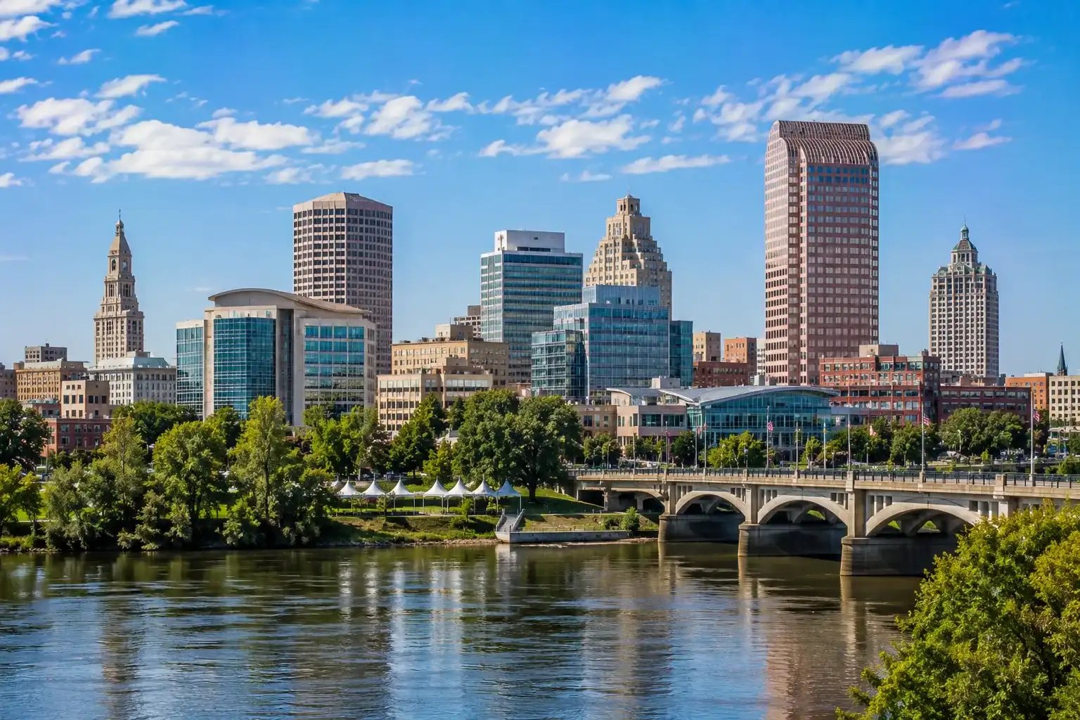Downtown Hartford skyline and Connecticut River in Connecticut