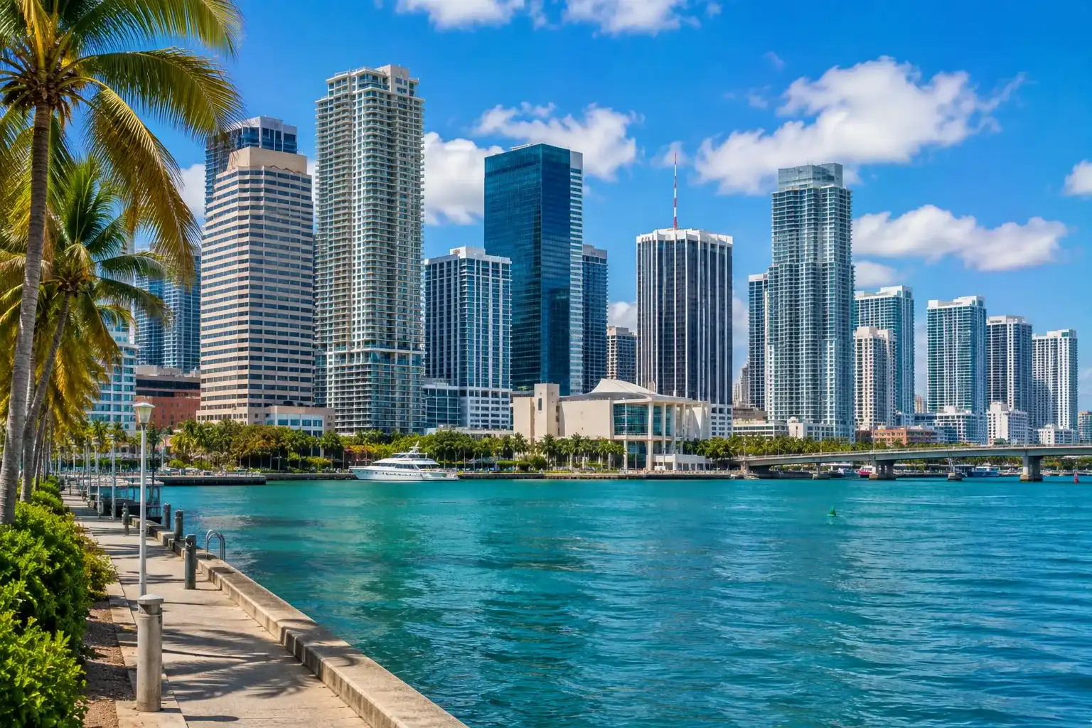 Downtown Miami and Brickell skyline along Biscayne Bay in Florida