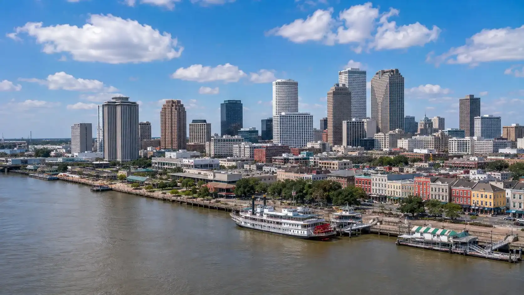 New Orleans skyline and Mississippi River waterfront in Louisiana