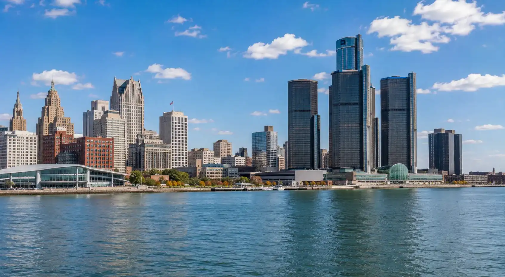 Downtown Detroit skyline and Detroit River waterfront in Michigan