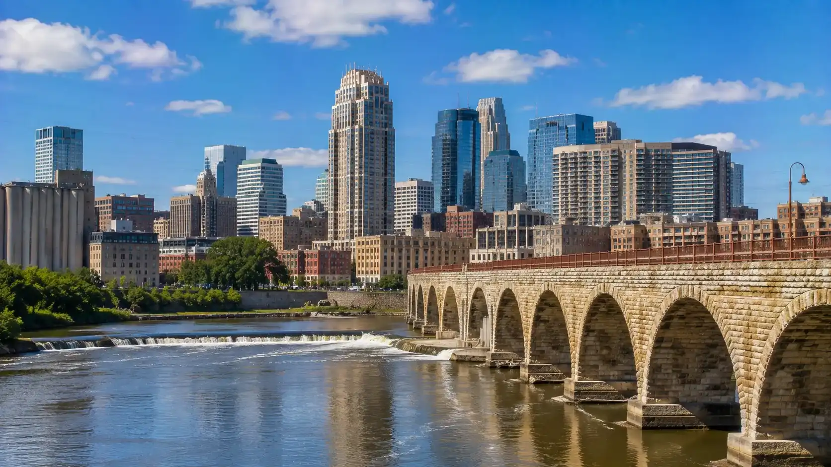 Downtown Minneapolis skyline and Mississippi River in Minnesota