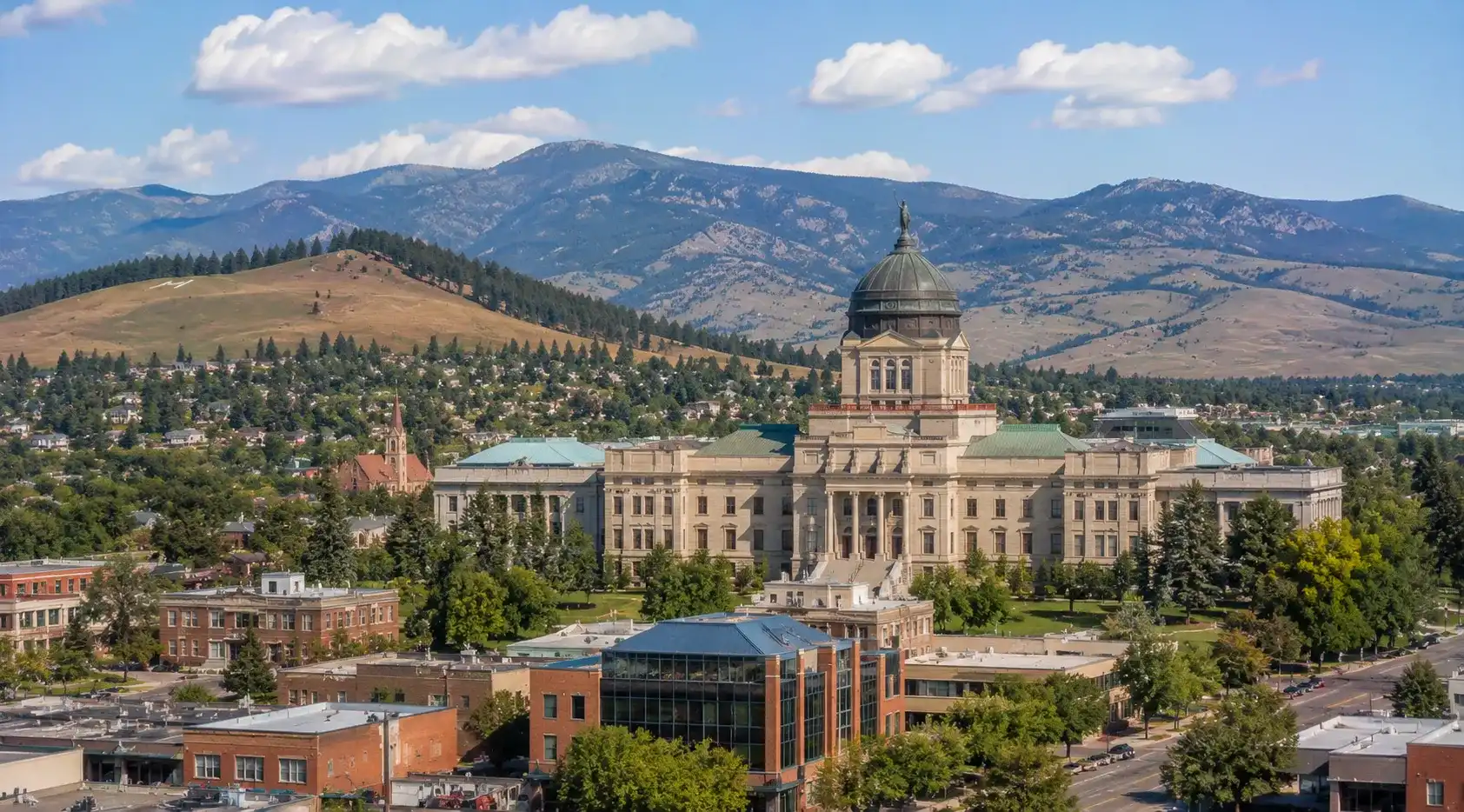 Montana State Capitol and Helena with surrounding foothills