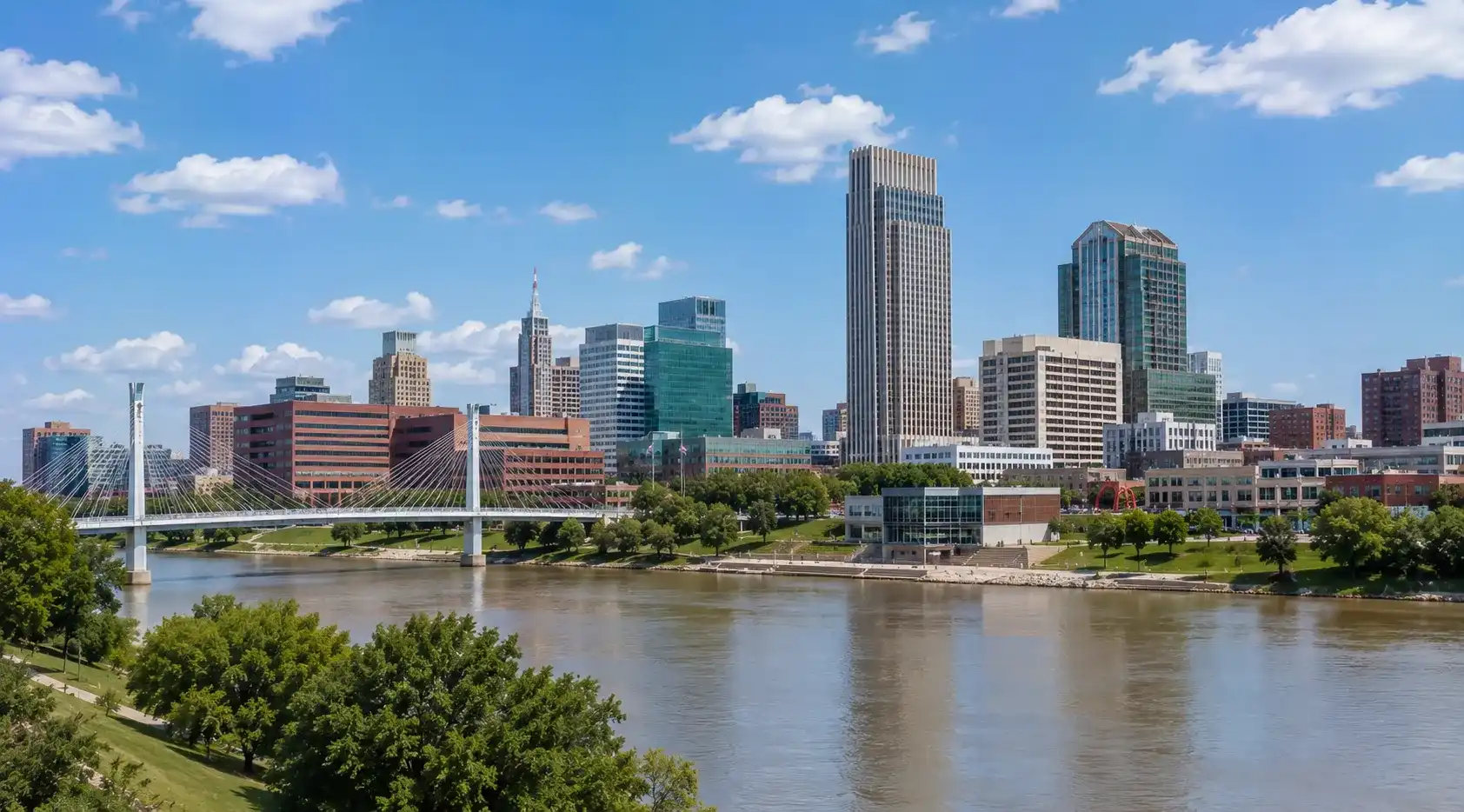 Downtown Omaha skyline and Missouri River waterfront in Nebraska