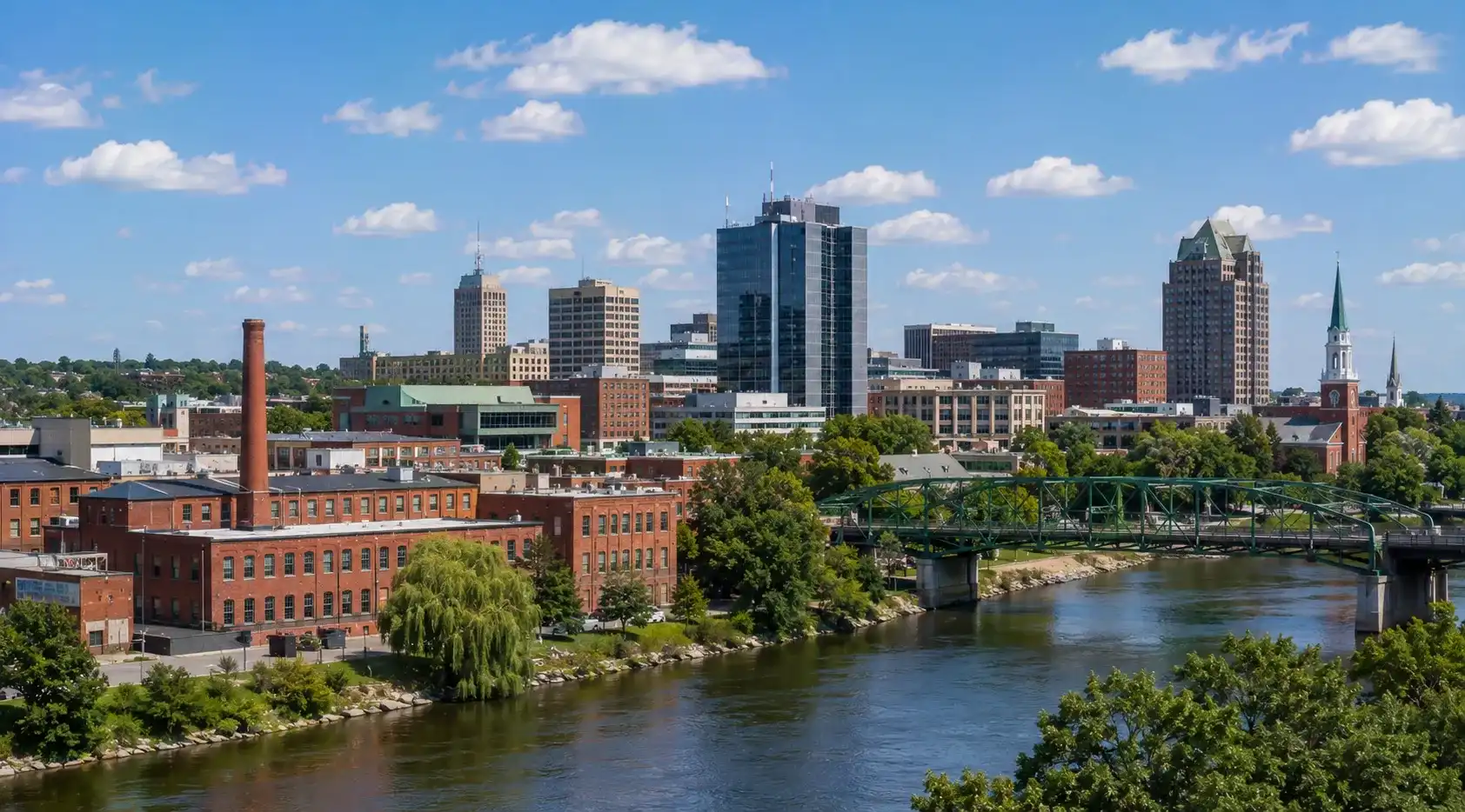 Downtown Manchester and Merrimack River in New Hampshire