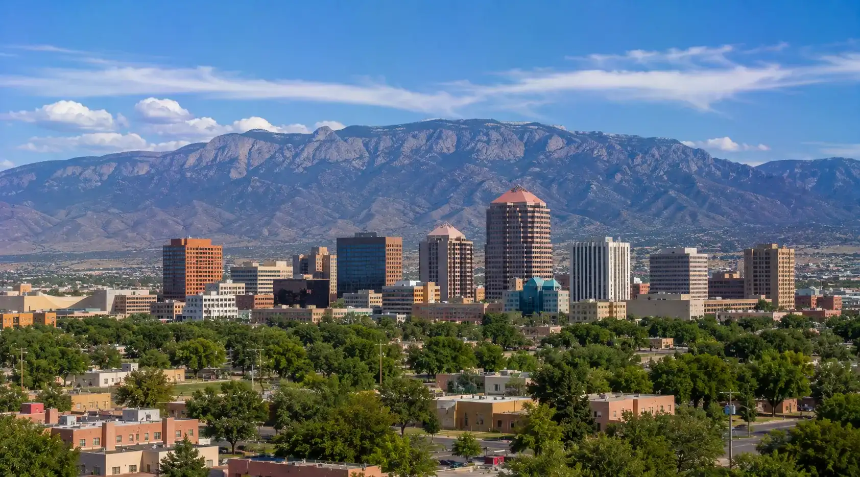 Albuquerque skyline with the Sandia Mountains in New Mexico