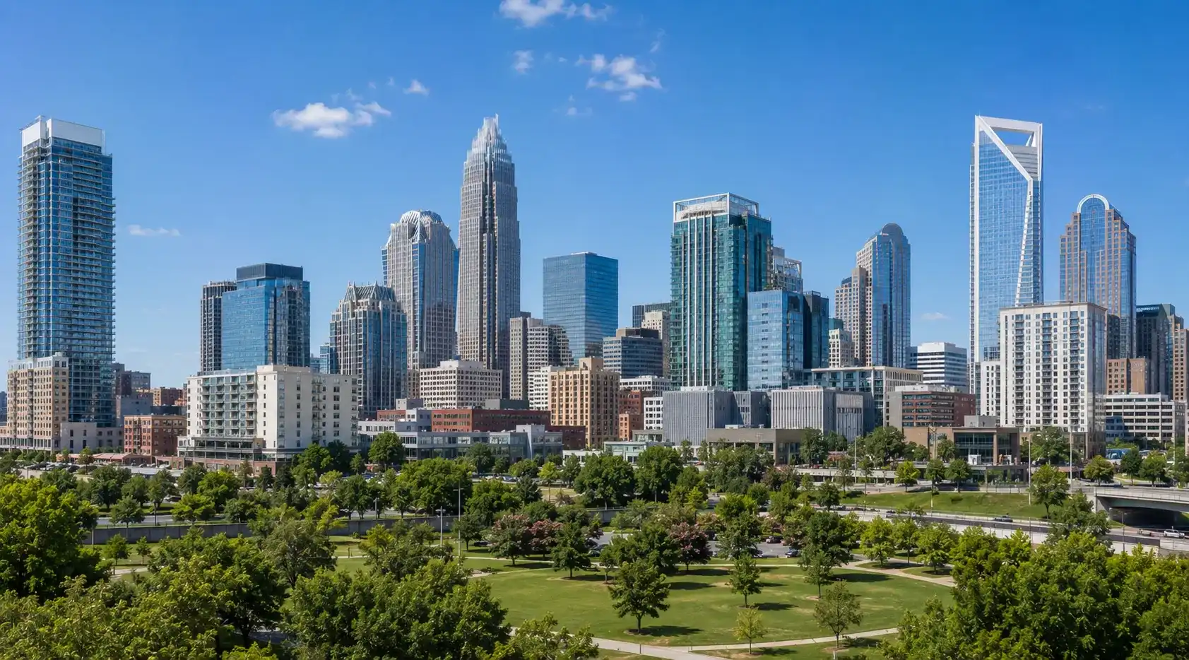 Uptown Charlotte skyline and urban greenery in North Carolina