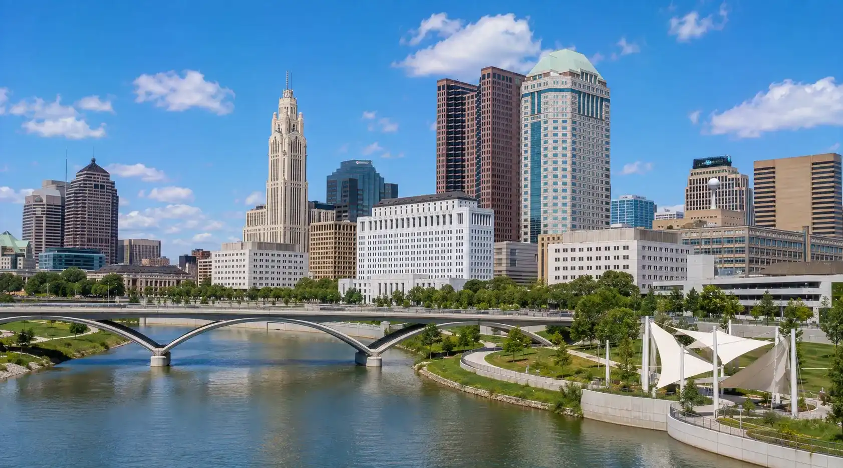 Downtown Columbus skyline and Scioto River in Ohio