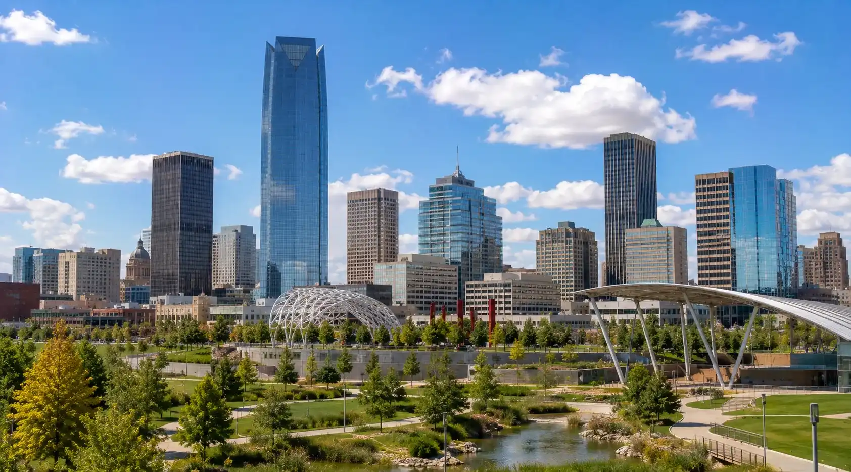 Downtown Oklahoma City skyline and urban park environment