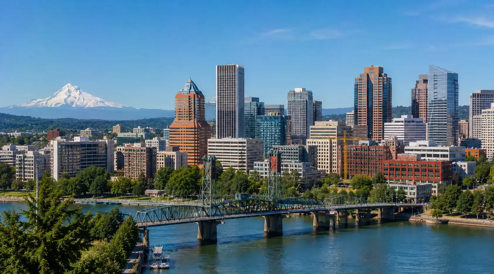 Downtown Portland skyline and Willamette River in Oregon