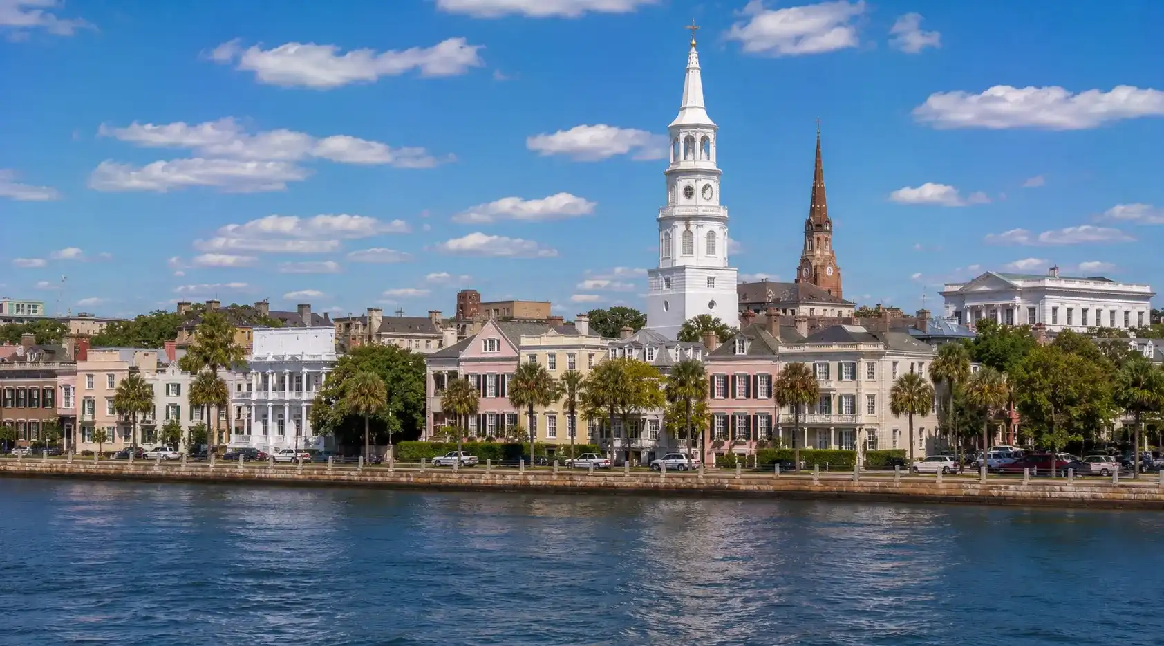 Historic Charleston waterfront and harbor in South Carolina