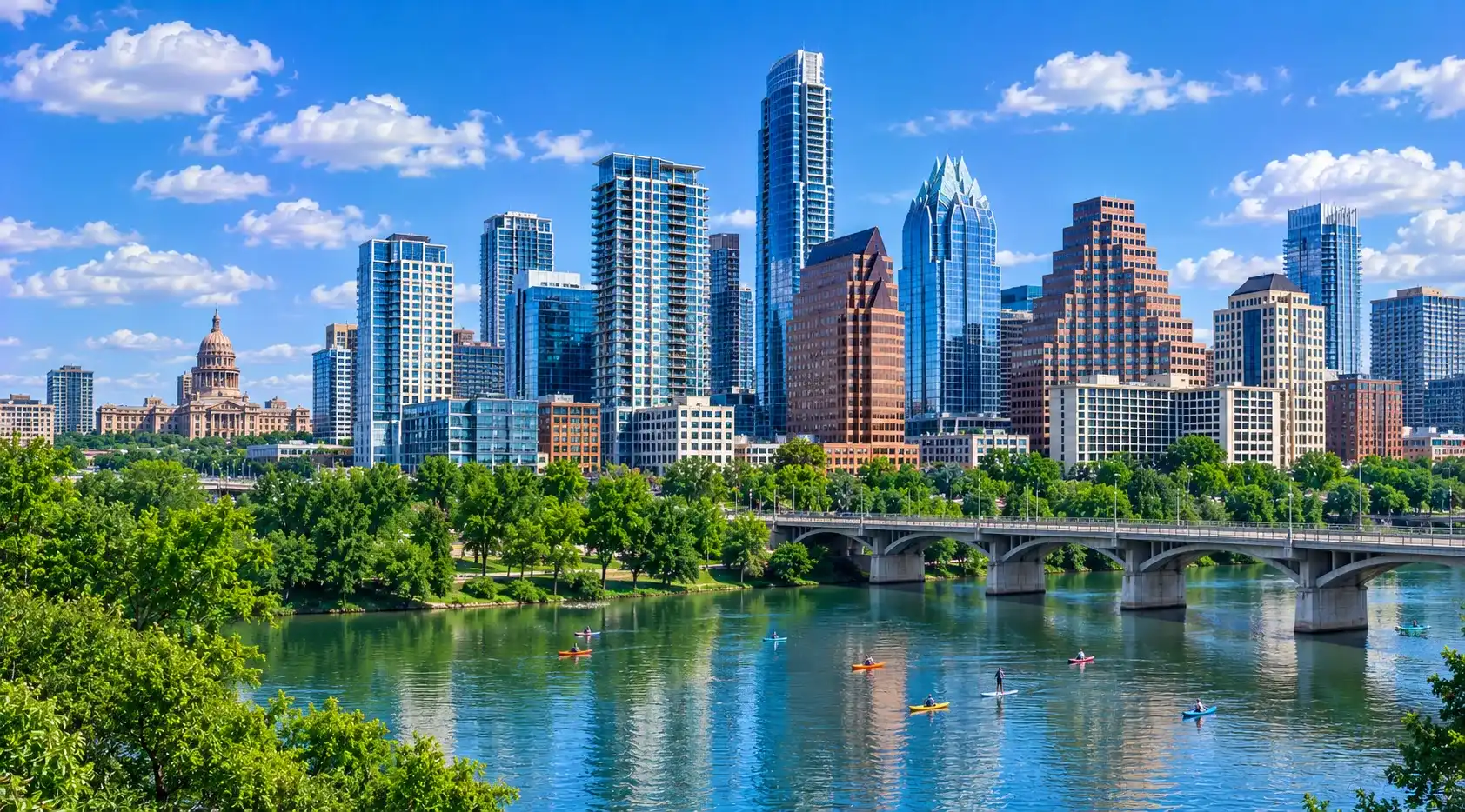 Downtown Austin skyline and Lady Bird Lake in Texas