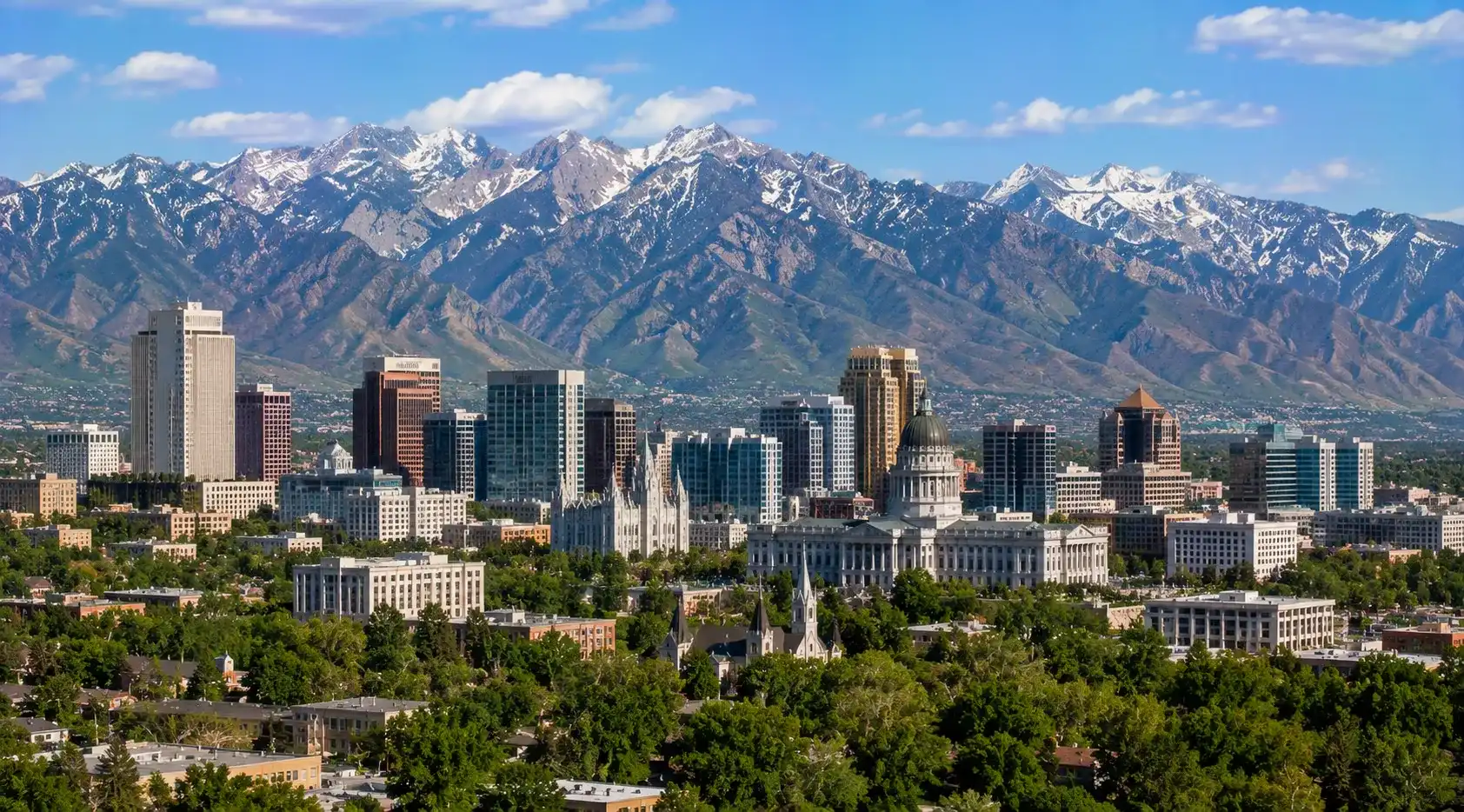 Salt Lake City skyline with the Wasatch Mountains in Utah