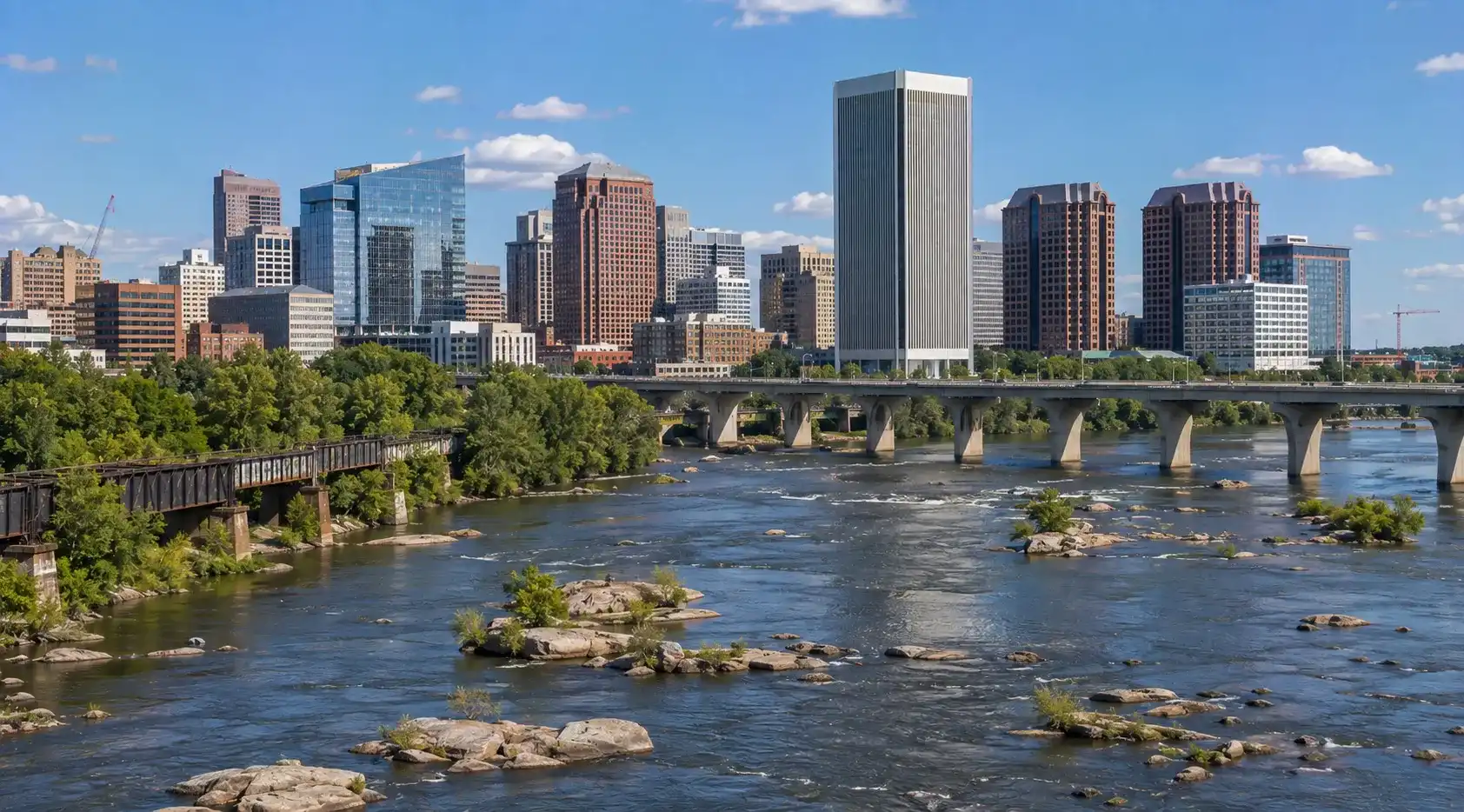 Downtown Richmond skyline and James River in Virginia