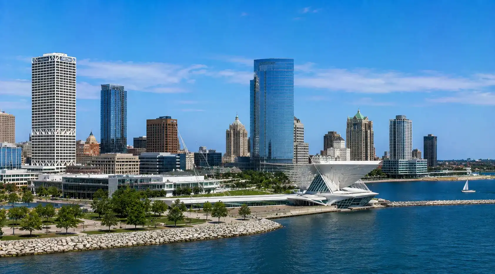 Downtown Milwaukee skyline and Lake Michigan waterfront in Wisconsin
